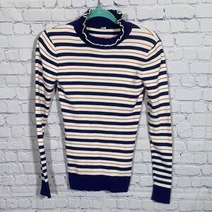 Scotch & Soda Womens Striped Rib Knit Lettuce Hem Mock Neck Sz L Blue Red Casual